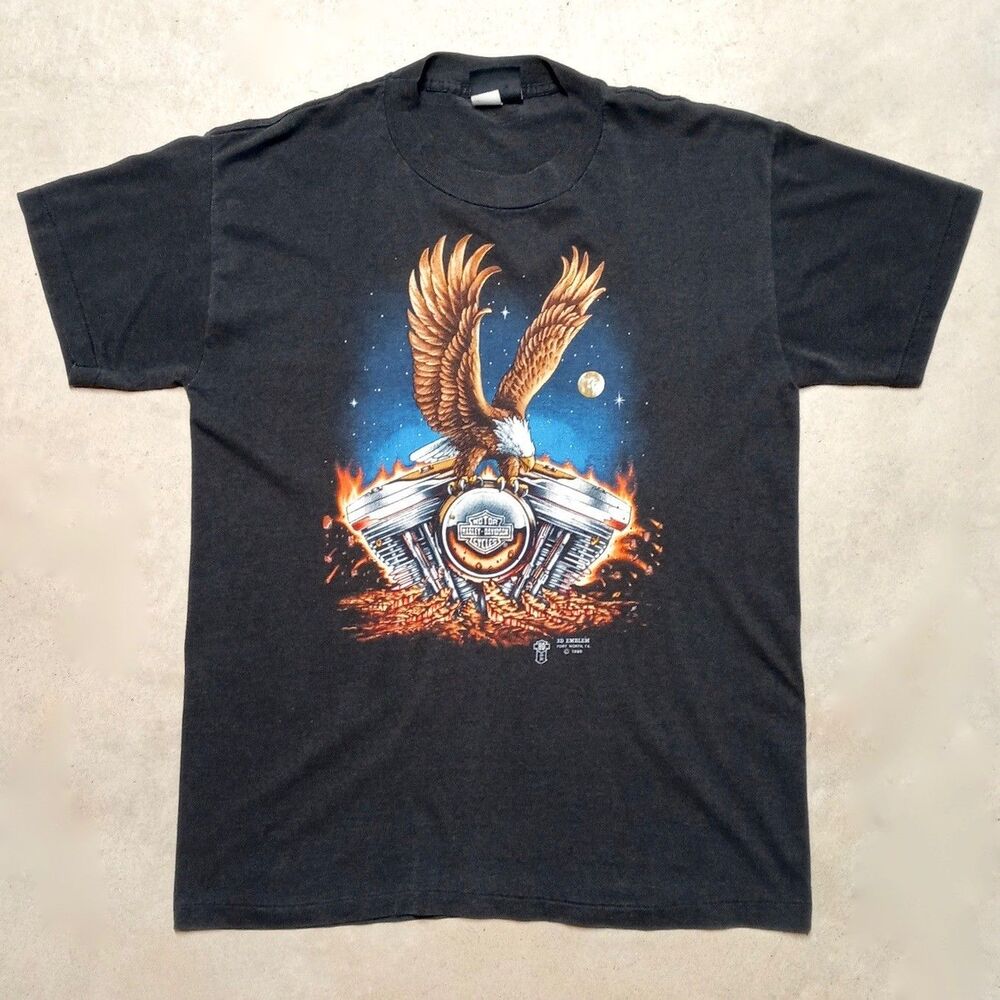 Vintage 80s Harley-Davidson 3D Emblem Eagle T-Shirt Size Large Frankfurt Germany